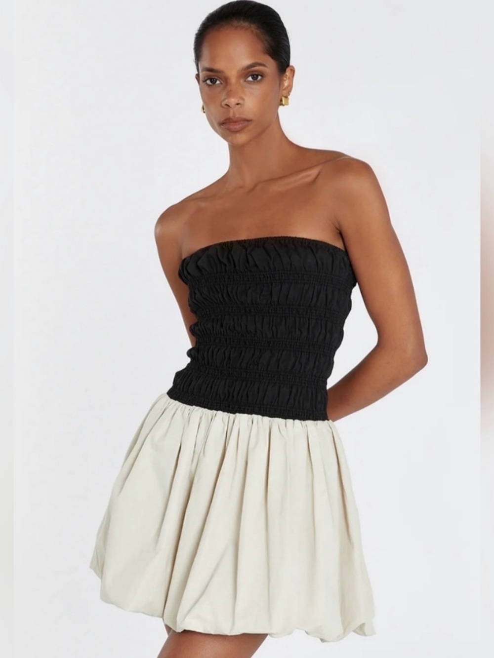 DISSH Black & Cream Strapless Mini Dress With Smocked Top Bubble Beige Skirt 4